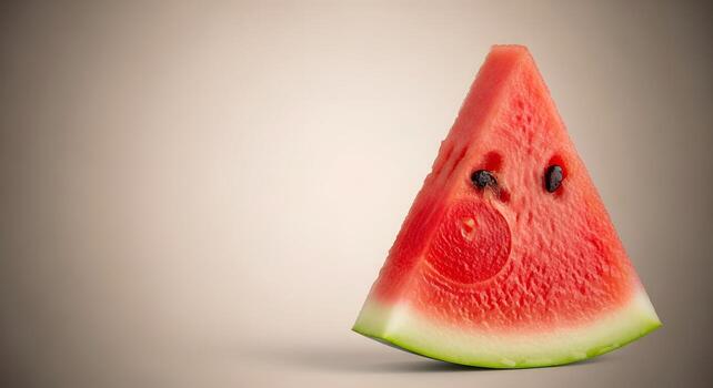 A triangular slice of juicy, ripe watermelon with its dark seeds and vibrant green rind, isolated on a soft gradient background photo