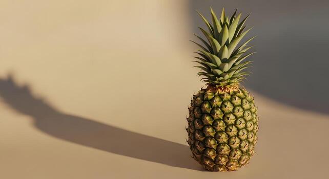 Whole ripe pineapple casting a long shadow on a plain background with soft sunlight creating a warm, inviting atmosphere photo