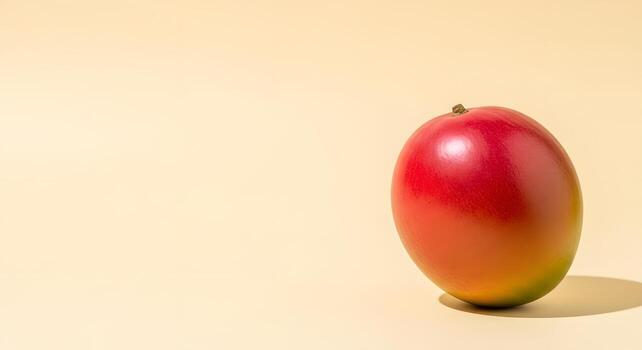 un soltero Fresco maduro mango con un vibrante rojo y amarillo degradado piel, aislado en un minimalista pastel antecedentes con Copiar espacio para texto foto