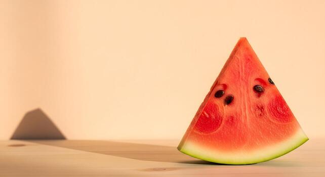 un Fresco triangular rebanada de maduro sandía con negro semillas en un de madera mesa debajo calentar luz de sol, creando un distinto sombra en contra un beige antecedentes foto