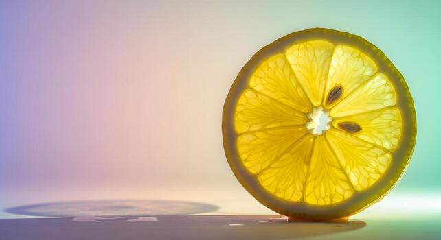 Brightly lit translucent lemon slice showcasing its vibrant yellow color and intricate details, set against a soft gradient background with glowing hues photo