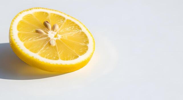 Fresh Citrus Fruit Slice - A Close-up Macro Shot of a Vibrant Yellow Lemon Half with Visible Seeds and Zest on a Clean White Surface with Soft Sunlight Shadows photo