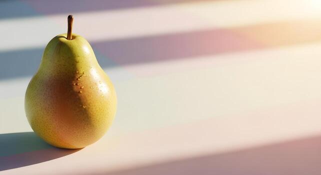 Single Ripe Pear with Water Droplets on a Light Surface with Shadow Stripes and Soft Light photo