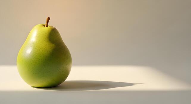 A single green pear, illuminated by soft sunlight, set against a plain backdrop for visual appeal photo