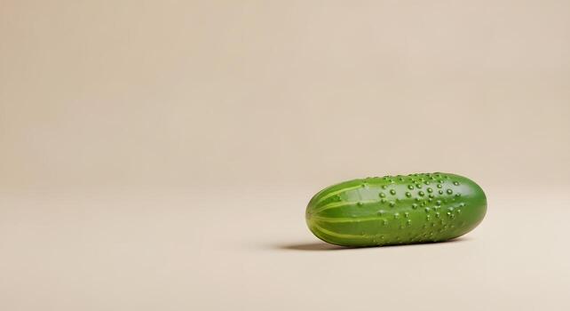 recién escogido vibrante verde Pepino con distinto con baches textura hermosamente desplegado en un limpio, minimalista neutral beige fondo, enfatizando sus natural sano apelación y sencillo elegancia foto