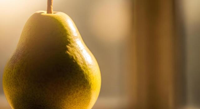 Close-up of a single fresh pear illuminated by the warm golden glow of natural sunlight from a window, creating a beautiful still life composition photo