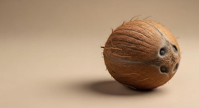 A single, textured coconut with its distinct three germination pores casting a soft shadow on a plain, neutral background, showcasing its natural form and imperfections photo