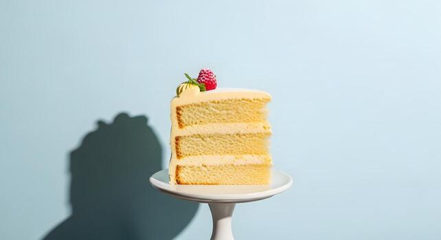 Elegant slice of multi-layered vanilla cake with creamy frosting, garnished with a fresh raspberry on a minimalist blue background with dramatic shadow photo