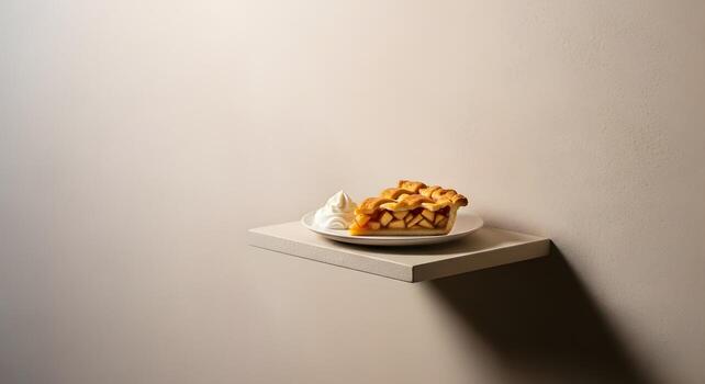 A delicious single slice of classic homemade apple pie with a lattice crust and a dollop of cream, presented on a minimalist floating shelf photo