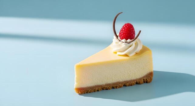 Delicious slice of classic New York cheesecake with a graham cracker crust, topped with whipped cream, a fresh raspberry, and chocolate garnish on a blue background photo