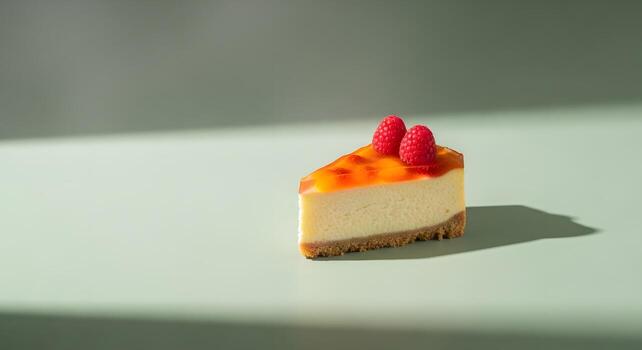 An elegant slice of creamy raspberry cheesecake with a graham cracker crust, presented on a minimalist surface in bright sunlight photo