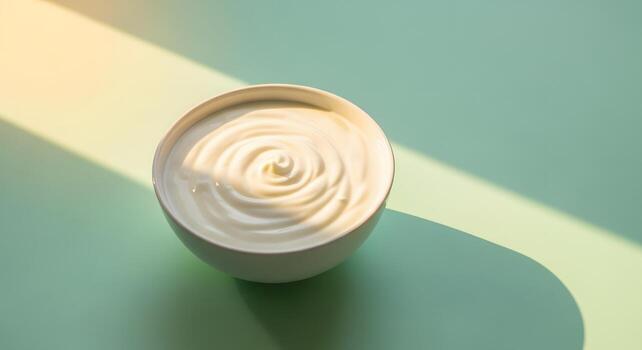 A bowl of creamy yogurt with a swirl pattern, illuminated by soft natural light casting shadows on a teal surface photo