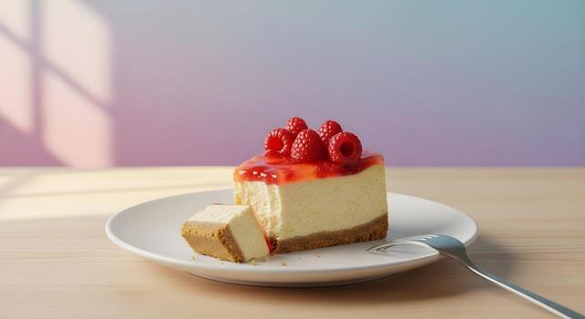 An appetizing slice of creamy raspberry cheesecake with a graham cracker crust, topped with fresh berries and a sweet glaze on a white plate photo