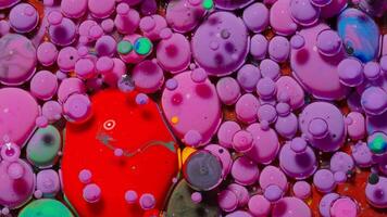 Top view movement of bright oil bubbles in slow motion. Multicolored surface background. Fantastic universe structure of colorful moving purple bubbles. Artistic image of ink drops floating on water video