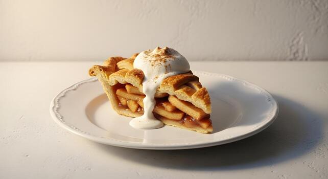 Classic American apple pie slice with a golden lattice crust and a generous scoop of cream, lightly dusted with cinnamon on a plate photo