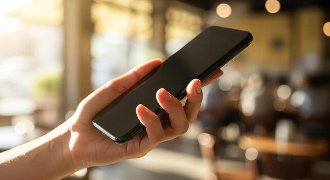 Close-up of a hand holding a black smartphone with a blank screen against a blurred background, perfect for app design, mobile technology concepts photo