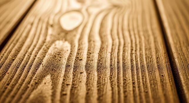 Close-up macro of weathered oak planks with deep grain, fine sawdust, subtle varnish sheen, warm golden brown tones, shallow depth of field photo