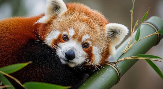 A Captivating Close-Up of a Red Panda Resting on Bamboo The Charming Portrait of a Playful Mammal, Showcasing Fur and Unique Features photo