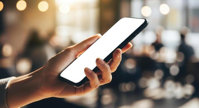 de cerca de un de la persona mano participación un pulcro negro teléfono inteligente con un blanco blanco pantalla, Perfecto para maquetas y exhibiendo aplicación diseños y contenido foto