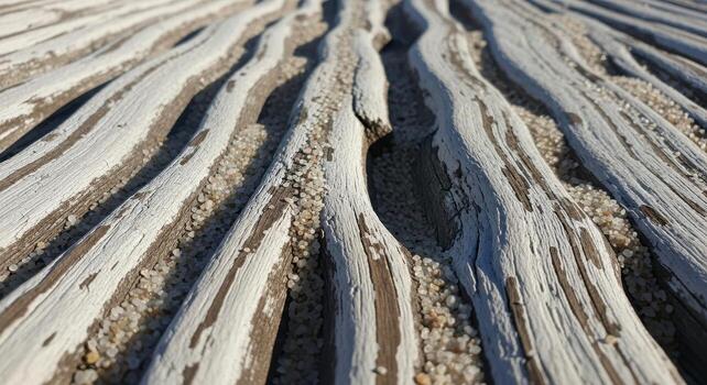 Whitewashed Driftwood Texture Salt Residue Highlights, Beach Sand Granules, Sunlit Low Angle, Shadowing, No Text or Lettering - Artistic Abstract photo