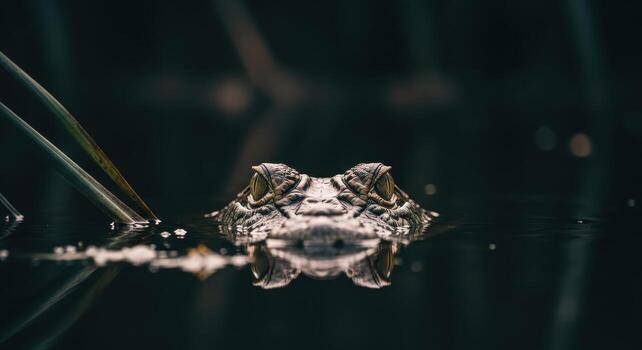Intense gaze of a hidden predator A close-up shot of an alligator's eyes and partially submerged head, creating a sense of intrigue and anticipation photo