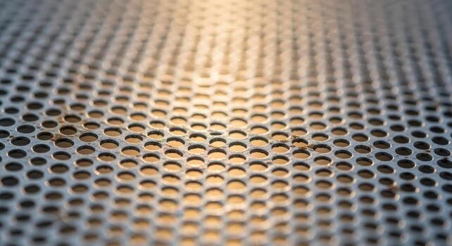 Close-up View of Perforated Metal Surface A Detailed Study of Texture, Pattern, and Metallic Elements, Exploring the Material's Industrial Aesthetic photo