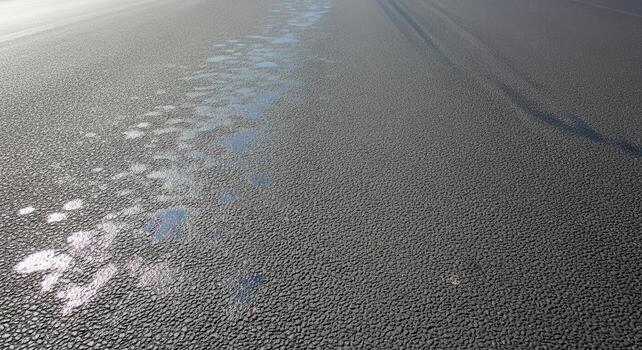 Textured asphalt surface with water patches reflecting light, depicting abstract patterns and contrasting textures, ideal for background use photo