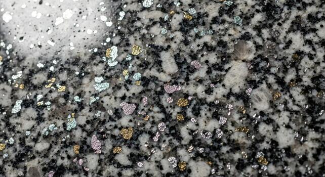 Close-up of a polished granite surface revealing intricate patterns with flecks of color, offering a luxurious and textured backdrop, ideal for design photo