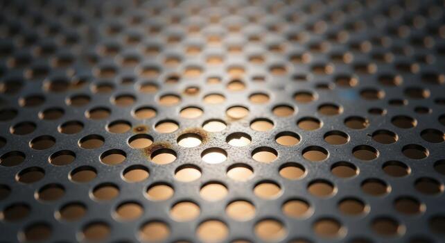 Intricate Perforated Metal Surface A Macro Perspective of a Detailed Pattern with Circular Holes and Ambient Lighting, Showing Industrial Design and Textural Depth photo