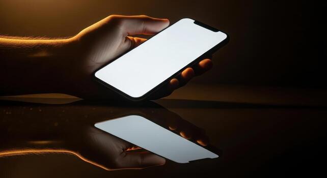 Hand holding a smartphone mockup, reflected on a glossy surface, with a cinematic low-angle view, warm tungsten highlights, and a moody contrast, all without any text photo
