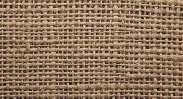 Close-up texture of rough burlap fabric, showing its intricate weave, small fibers, and warm, rustic tones under overhead lighting. A natural, organic, and earthy material photo
