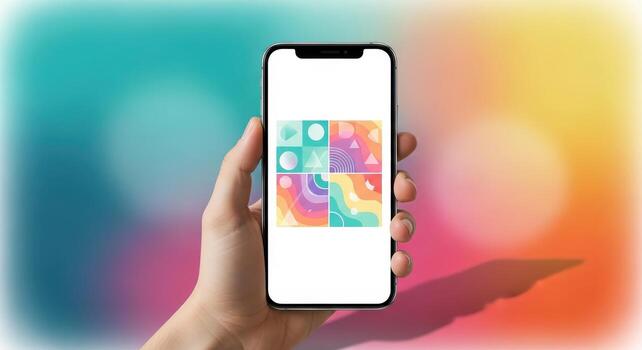 Hand holding a smartphone displaying a colorful abstract geometric design, with a vibrant gradient background, ideal for app or design presentation photo