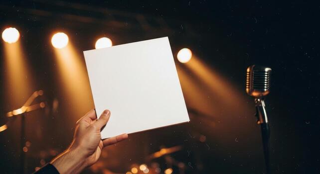 de la persona mano participación blanco cuadrado tarjeta en contra un etapa antecedentes con un micrófono y focos, Perfecto para un Bosquejo o presentación foto