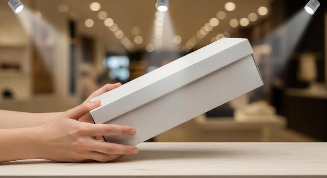 Hand gently holding a pristine white shoe box, showcasing product presentation on a wooden table with blurred shop background and spotlighting photo