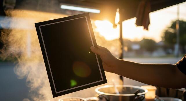 Close-up of a hand holding a blank product label mockup with sun rays in the background, perfect for advertisement and design display, with clean background and free space photo