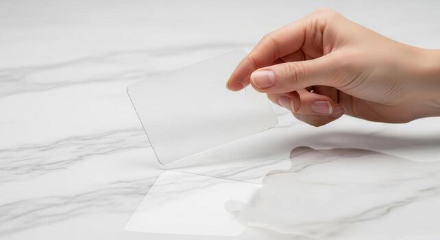 Hand delicately holds transparent card mockup, showcasing reflection, ideal for showcasing business cards, adding a sophisticated touch photo