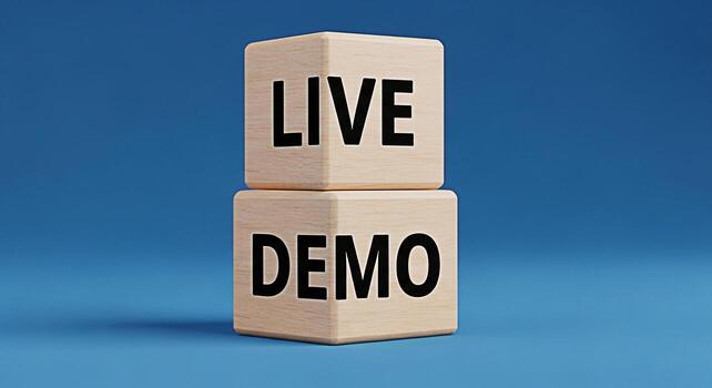 Wooden blocks stacked on a blue surface displaying the words Live Demo symbolizing realtime product demonstrations and interactive online presentations in a modern minimalist setting photo