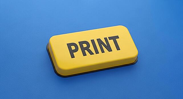 Bright yellow print button resting on a textured blue surface symbolizing the ease and accessibility of printing documents and photos conveying a sense of convenience and efficiency in office tasks