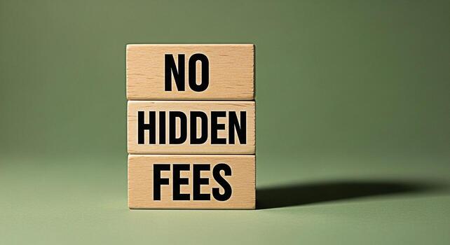 Stacked wooden blocks displaying No Hidden Fees on a green background representing transparency and trust in business practices conveying a sense of honesty and straightforwardness in financial dealin photo
