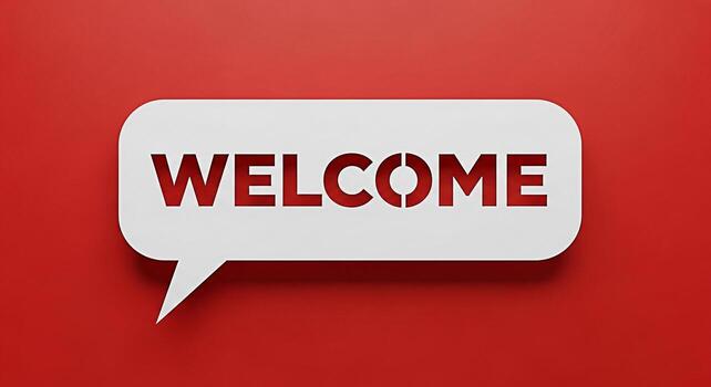 Minimalist welcome message in a speech bubble on a vibrant red background conveying a friendly and inviting atmosphere for new visitors and customers perfect for website headers and social media greet photo