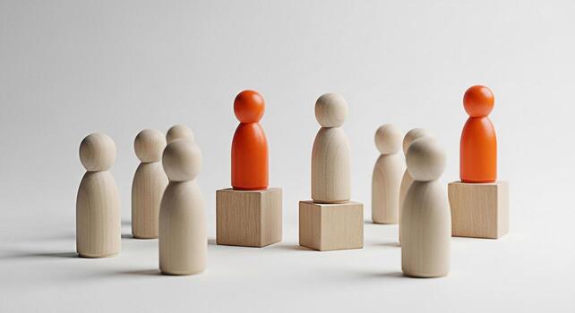 Wooden figurines standing out from the crowd on a white surface symbolizing leadership and individuality conveying a message of uniqueness and standing out in a minimalist and clean environment photo