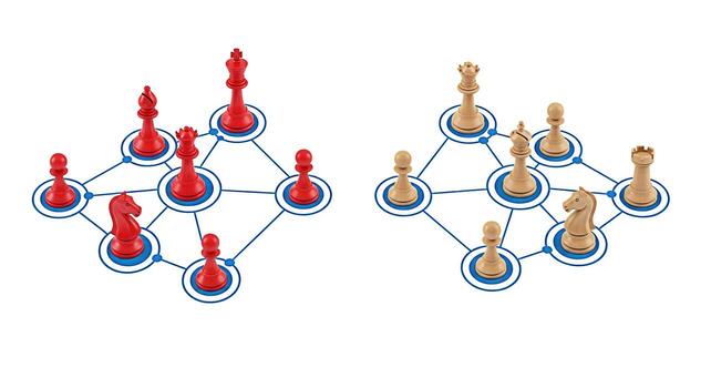 Red and white chess pieces strategically positioned on a network diagram against a clean white background symbolizing strategic connections competitive advantage and the complex interplay of business photo