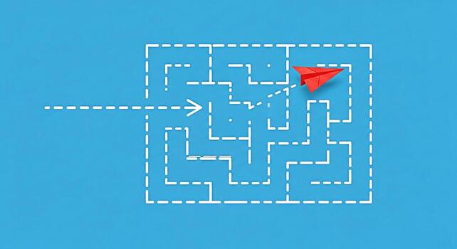 Red paper airplane navigating a complex maze on a blue background symbolizing problemsolving strategic planning and finding innovative solutions to overcome challenges with a sense of determination an photo