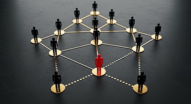 Network of stylized human figures connected by golden lines on a dark background symbolizing leadership communication and the interconnectedness of a team with a single red figure standing out as the photo