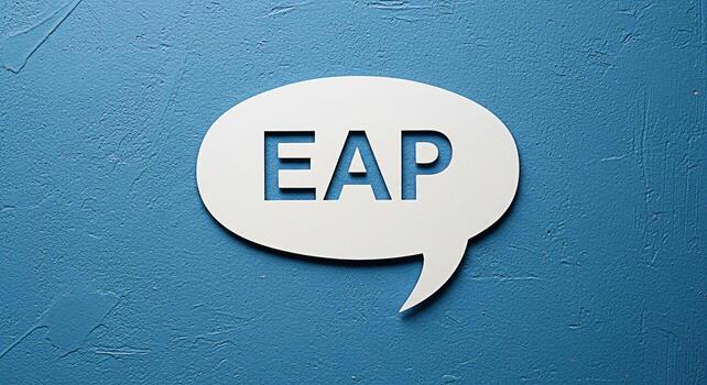 White speech bubble displaying EAP on a textured blue wall representing Employee Assistance Program offering support and resources for employee wellbeing promoting a positive and healthy work environm photo