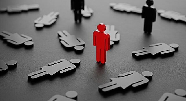 Bold red figure standing tall amidst fallen gray figures on a dark surface symbolizing leadership resilience and overcoming adversity in a competitive environment conveying a message of strength and s photo