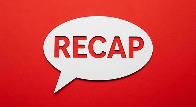 White speech bubble displaying the word RECAP on a vibrant red background symbolizing a summary or review perfect for presentations business meetings or educational materials conveying clarity and con photo