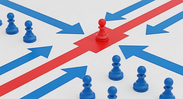 Red chess pawn moving against the current on a white surface with blue arrows pointing in different directions symbolizing leadership strategy and standing out from the crowd in a competitive environm photo