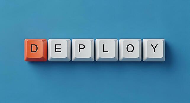 Computer keyboard keys spelling DEPLOY on a vibrant blue background symbolizing software deployment and the release of new features with a sense of technological advancement and operational efficiency photo