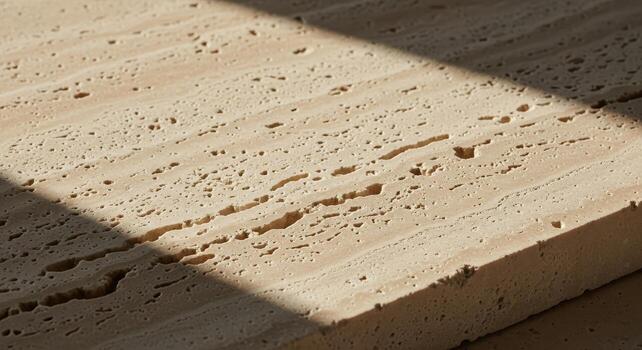 Detailed close-up of travertine marble Highlighting natural textures and warm tones under soft daylight, showcasing intricate patterns and surfaces for design and architecture projects photo